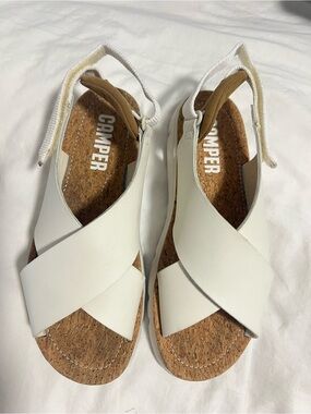 Camper Cream and White Cork-Trim Platform Sandals